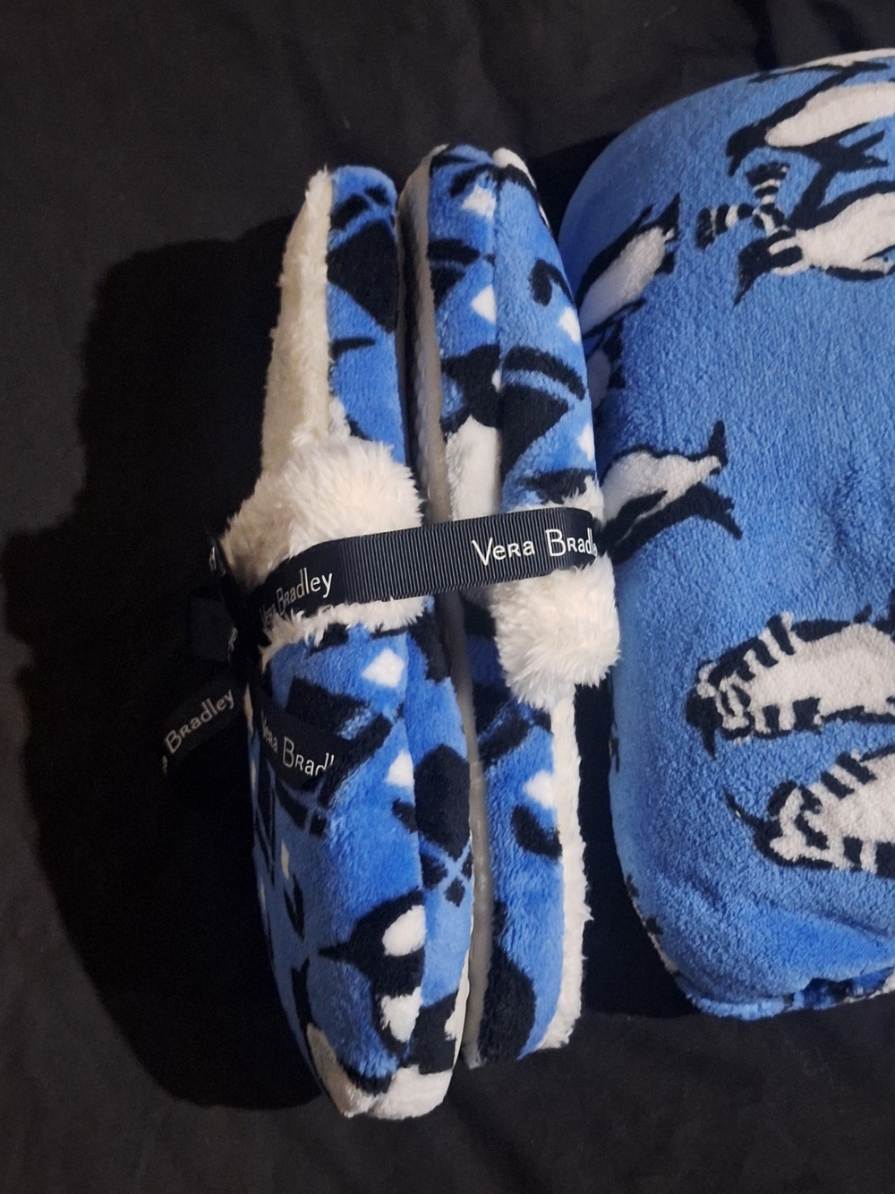 Vera Bradley Blue Penguin Fleece Travel Blanket and slipper set - Picture 2 of 4